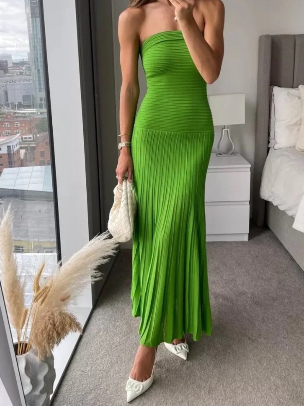 NWT COS Green Knitted Bandeau Drop Waist Pleated Skirt Maxi Dress